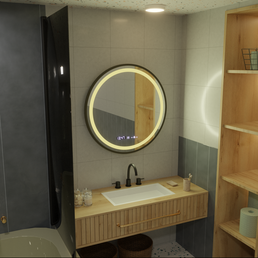 Kerek LED -tükör, 80 cm, Celeste Majesté Noir Motionglow Marcello, leolvasztási rendszer, óra és hőmérő, dimálható