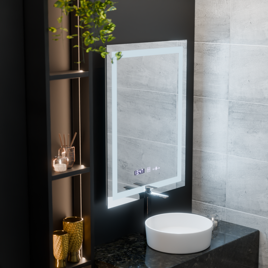 Téglalap alakú LED -tükör, 75x90 cm, MotionGlow Marcello, letiltási rendszer, óra és hőmérő, instabil