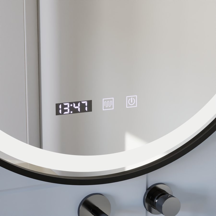 Mirror LED Touch NOVARA páramentesítő rendszer, óra és hőmérséklet 60 cm szálcsiszolt fekete keret