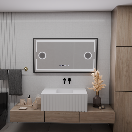 LED -tükör mozgásgátló érzékelő domingo leolvasztó leolvasztási funkcióval 120x65 cm hideg/meleg/meleg fény, fekete szálcsiszolt keret, Marcello Funghi kollekció