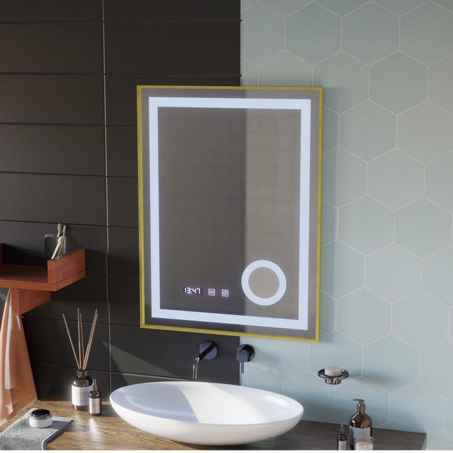 CLARUS LED Touch Mirror páramentesítő rendszer, óra és hőmérséklet 60x80 cm csiszolt arany keretes kozmetikai nagyító