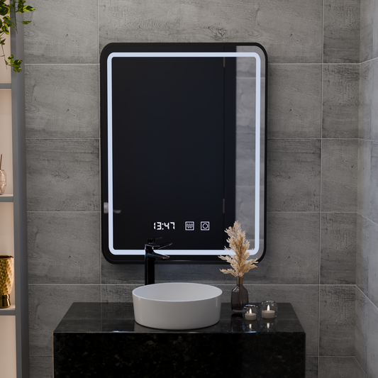 Mirror LED Touch LUCIDA páramentesítő rendszer, óra és hőmérséklet 50x70 cm szálcsiszolt fekete keret