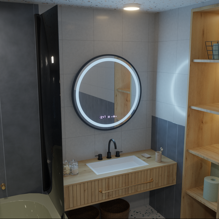 Kerek LED -tükör, 80 cm, Celeste Majesté Noir Motionglow Marcello, leolvasztási rendszer, óra és hőmérő, dimálható