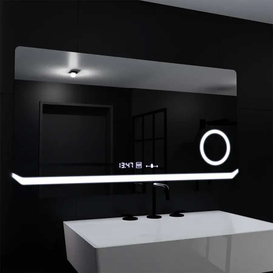 Téglalap alakú LED -tükör, 80x60 cm, definíciós mozgásgátló marcello, letiltási rendszer, óra és hőmérő, kozmetikai nagyító