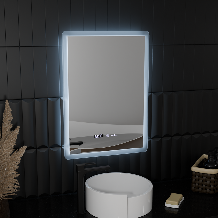 Téglalap alakú LED -tükör, 50x70 cm, Zampa érzékelő mozgásgátló marcello, osztályozó rendszer, óra és hőmérő, dimálható