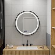 Kerek LED -tükör, 70 cm, Celeste Majeste Noir Motionglow Marcello, behatolási rendszer, óra és hőmérő, dimálható