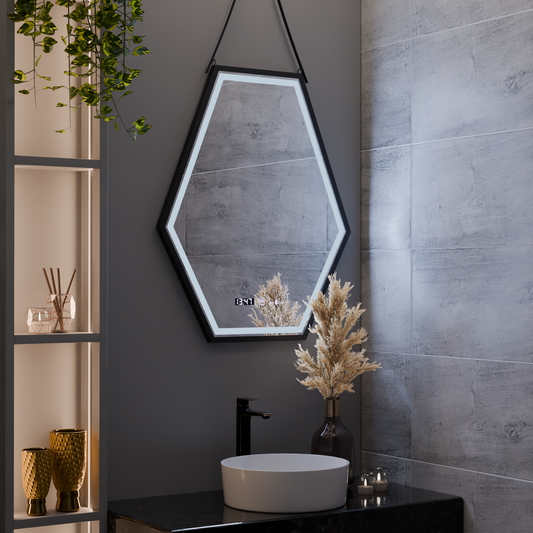 Téglalap alakú LED -tükör, 120x80 cm, MotionGlow Marcello érzékelő, letiltási rendszer, óra és hőmérő, kozmetikai nagyító