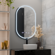Ovális LED -tükör, 50x80 cm, kiemelt mozgásglow marcello, helyettes rendszer, óra és hőmérő, dimálható