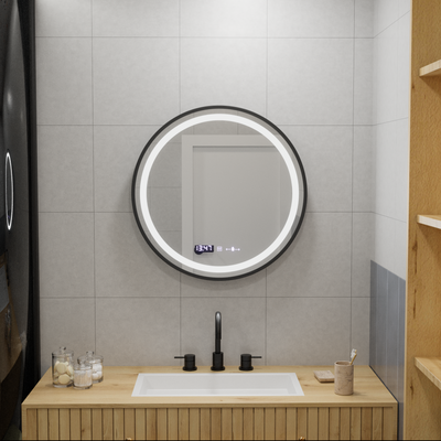 Kerek LED -tükör, 60 cm, Celeste Majesté Noir Motionglow Marcello, leolvasztási rendszer, óra és hőmérő, dimálható