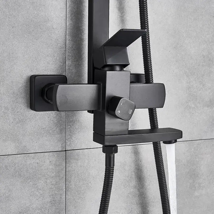 Zuhanyoszlop, rozsdamentes acél, négyzet alakú para, esőhatás, 3 funkció, fal rögzítése, szatén fekete, kiegészítők, HS007