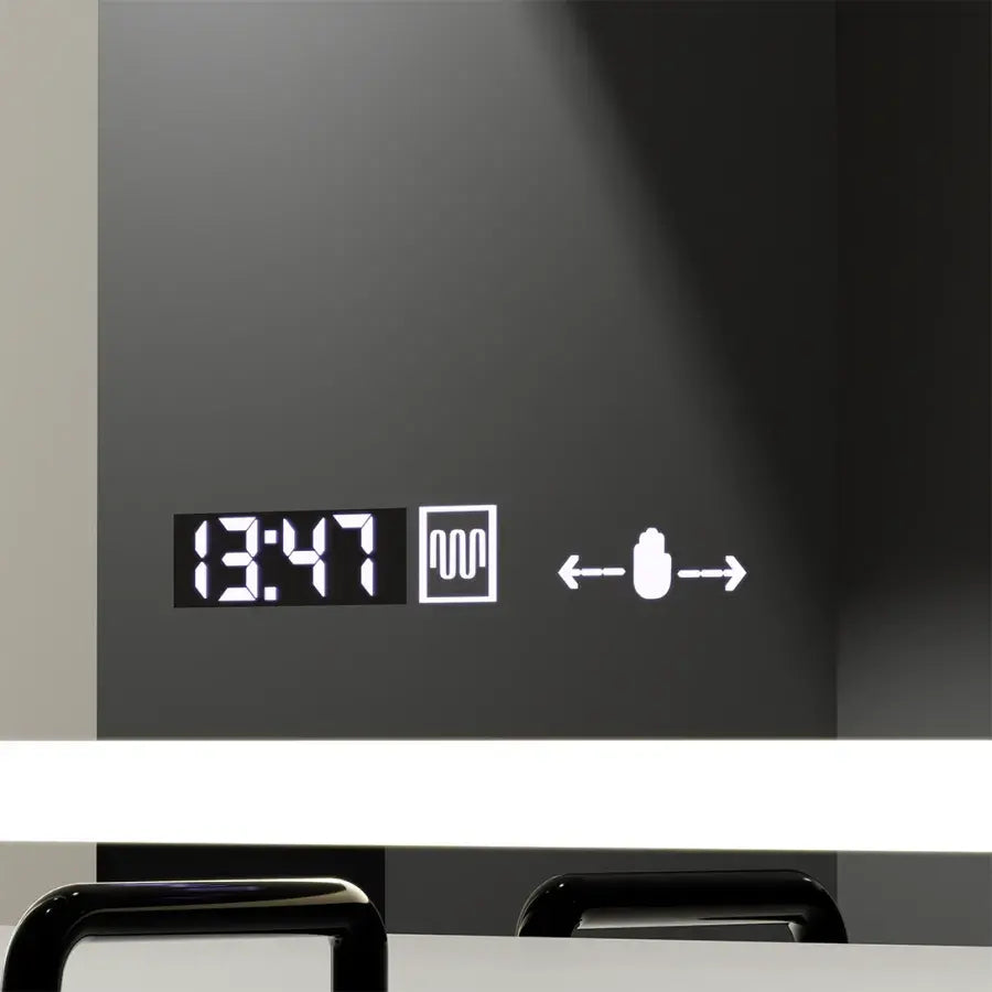 Téglalap alakú LED -tükör, 120x70 cm, sugárzó mozgásgátló marcello érzékelő, eltorzító rendszer, óra és hőmérő, daimable