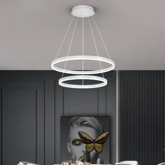 Függesztett LED-es csillár távirányítóval CASIANA 42W, 2 kör, hideg/meleg/semleges fény, szabályozható, fehér, állítható magasságú