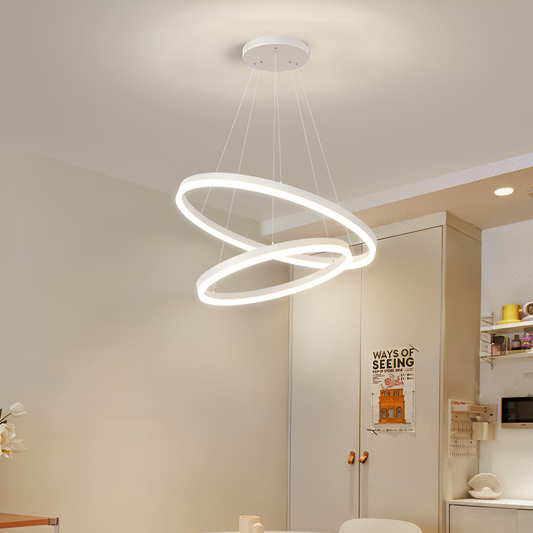 A LED -csillár felfüggesztette a Christine távirányítót, 69W, 2 kör, hideg/forró/semleges fény, instabil, fehér, állítható magasság