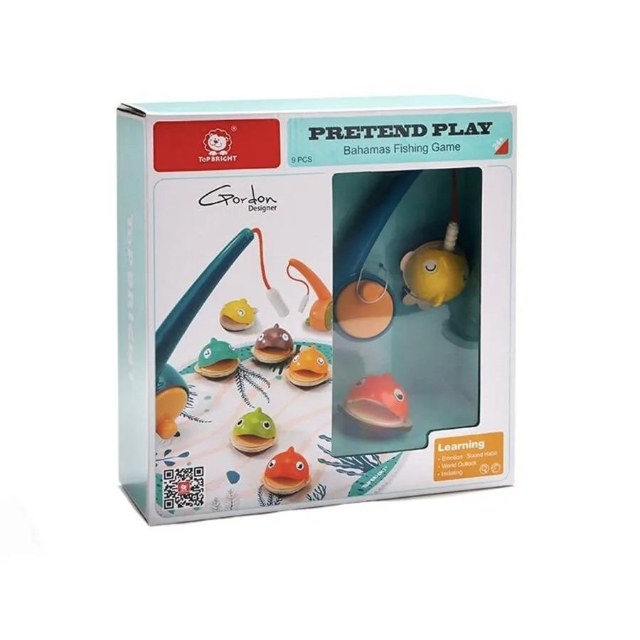 Kis halász játék többszínű halakkal, 9 darabkal, fával és műanyaggal