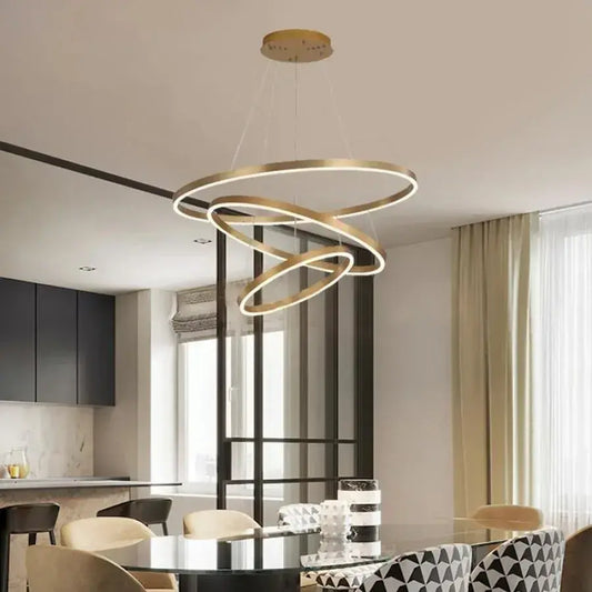 LED -csillár az Azariah 130W távirányítóval, 3 kör, hideg/forró/semleges fény, instabil, fényes arany, állítható magasság