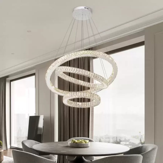 LED -csillár, távirányítóval és Crystal Cayden 200W -vel felfüggesztve, 3 kör, hideg/forró/semleges fény, százszorszép, fényes króm, állítható magasság