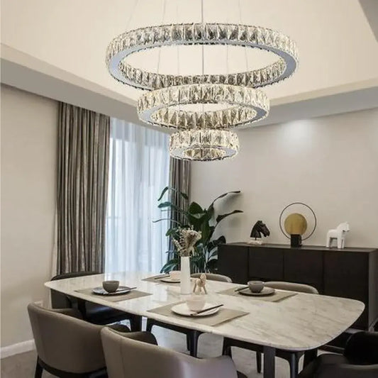 LED -csillár, távirányítóval és 36W színházi kristálygal, 3 kör, hideg/forró/semleges fény, instabil, fényes króm, állítható magasság