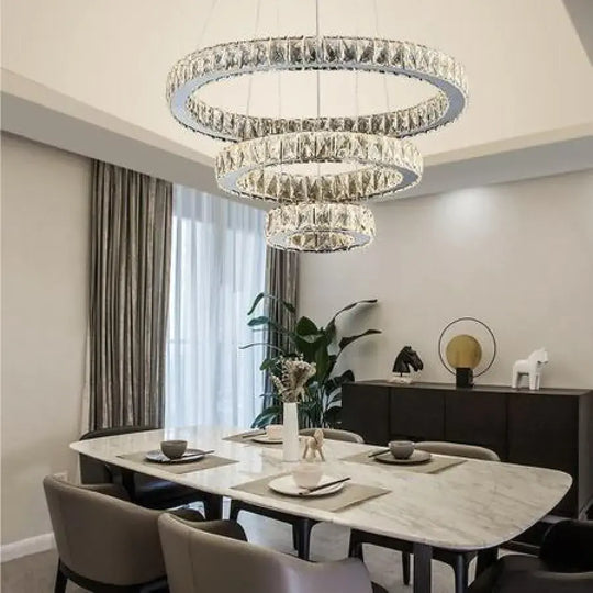Függesztett LED csillár távirányítóval és kristály TEATRU 36W, 3 kör, hideg/meleg/semleges fény, szabályozható, fényes króm, állítható magasságú Crystal LED csillárok Alapértelmezett cím Alessandro Design