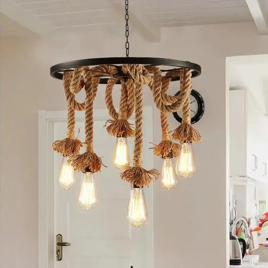 Kerékcsillár, 6 x e27, barna, fém / zsineg