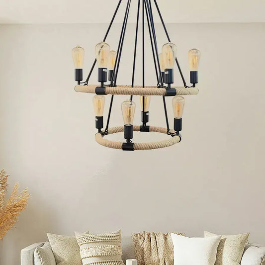 Rusztikus csillár, 10*E27, barna, fém és zsineg