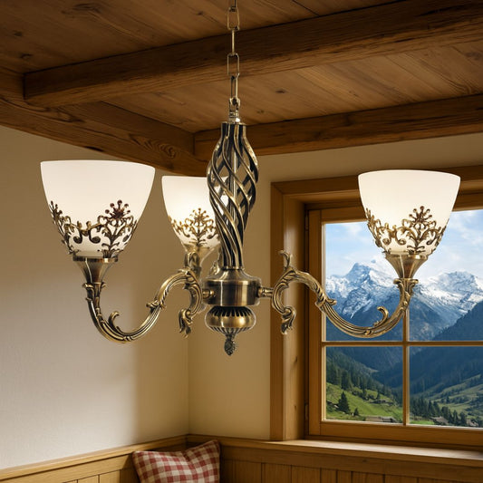 Vintage csillár, típusú inga karokkal, ház, kör alakú, 3xe27, üveg és fém, bronz