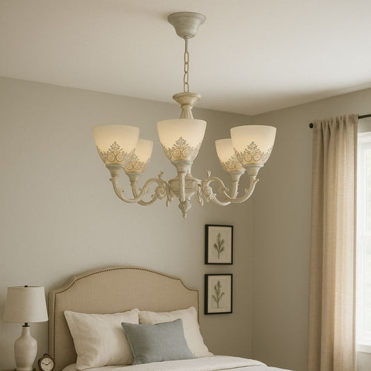 Vintage csillár, típusú inga karokkal, ház, kör alakú, 5xe27, üveg és fém, fehér