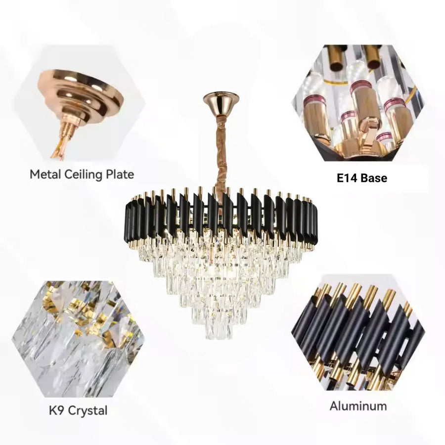 Crystal Chandelier Versailles Magno 8xe27, 60 cm átmérőjű, fényes és fekete arany, állítható magasság