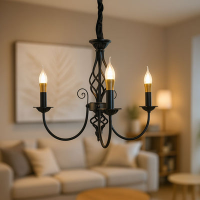 Vintage csillár, típusú inga karokkal, Anjou, kör alakú, 3xe14, fém, fekete