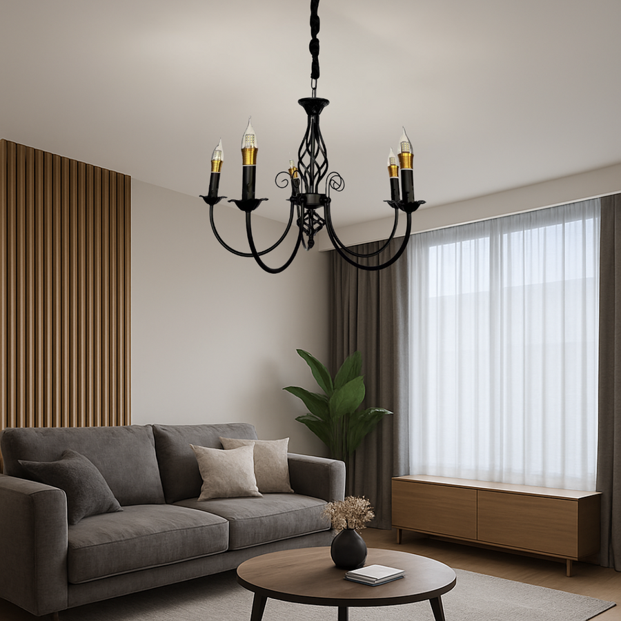 Gyöngy csillár, 5xe14, fekete, állítható magasság