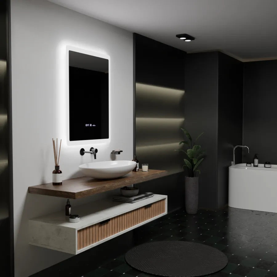 Téglalap alakú LED -tükör, 60x80cm, pugliesi mozgásglow marcello érzékelő, eltorzító rendszer, óra és hőmérő, daimable