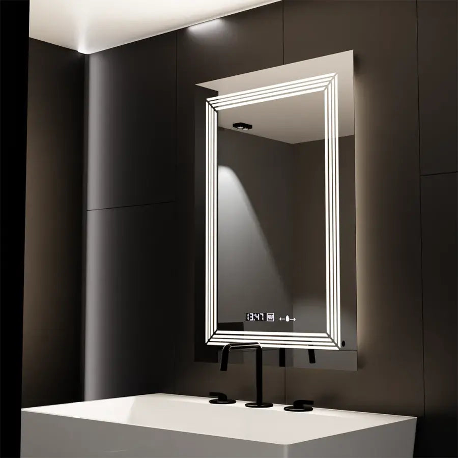 Téglalap alakú LED -tükör, 60x80cm, venezia érzékelő mozgásglow marcello, leolvasztási rendszer, óra és hőmérő, dimálható