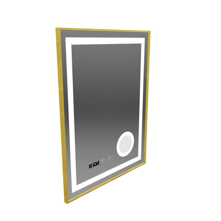 CLARUS LED Touch Mirror páramentesítő rendszer, óra és hőmérséklet 60x80 cm csiszolt arany keretes kozmetikai nagyító