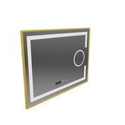 Téglalap alakú LED -tükör, 80x60 cm, Eclat MotionGlow Marcello, helyettes rendszer, óra és hőmérő, kozmetikai lup, dimablázható, arany ramacsiszolt