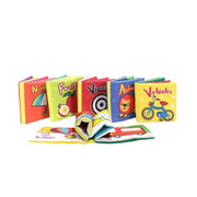 Állítson be 6 kártyát textilbe járművekkel, geometriai formákkal, vizuális képekkel, számokkal, állatokkal és gyümölcsökkel, 6 darab, textil