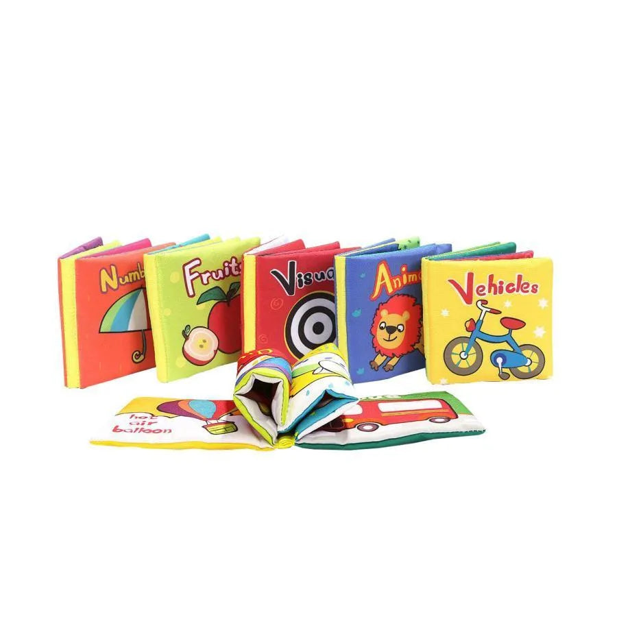 Állítson be 6 kártyát textilbe járművekkel, geometriai formákkal, vizuális képekkel, számokkal, állatokkal és gyümölcsökkel, 6 darab, textil