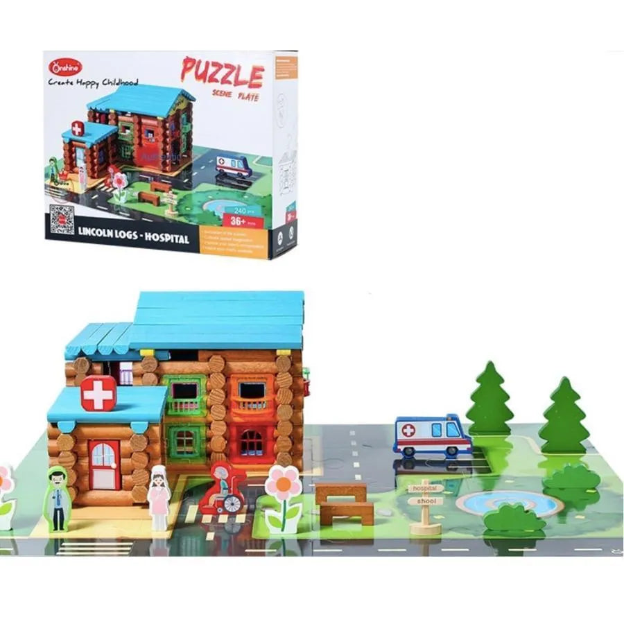 Puzzle típusú kórház, 240 darab, többszínű, fa