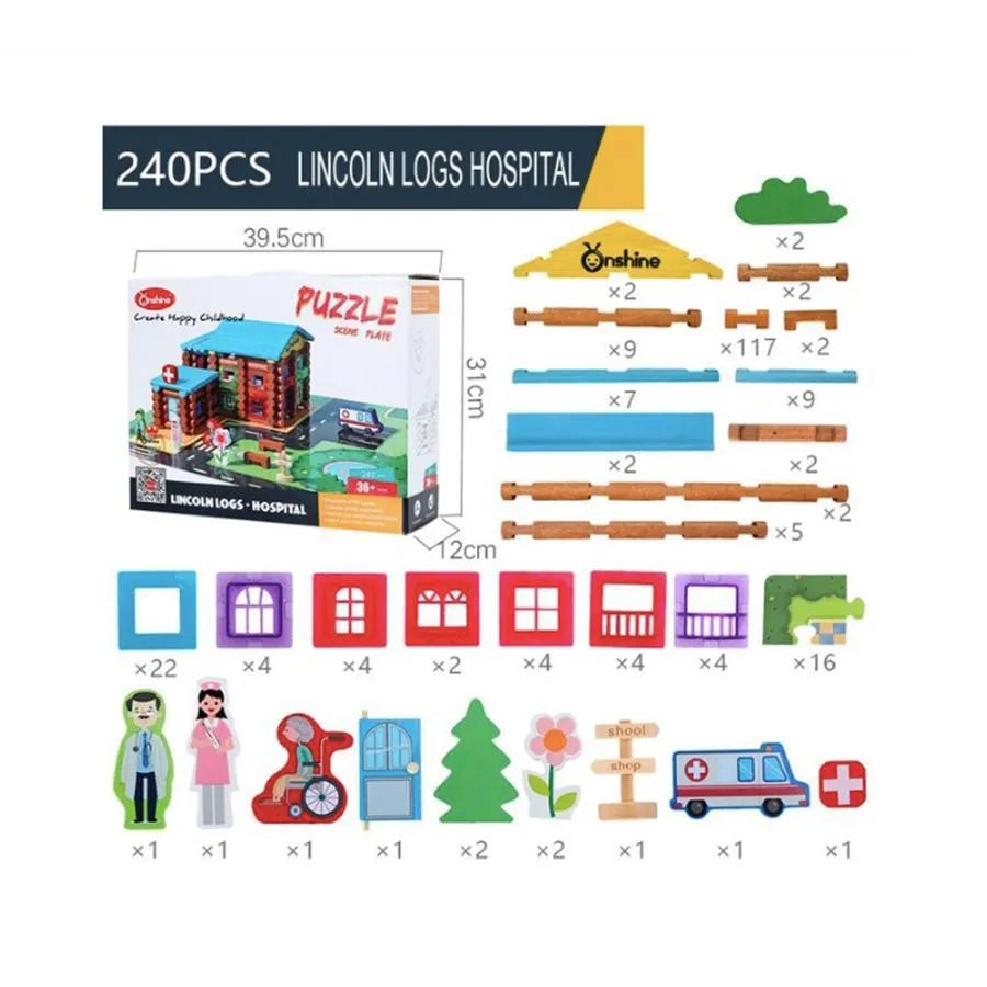 Puzzle típusú kórház, 240 darab, többszínű, fa