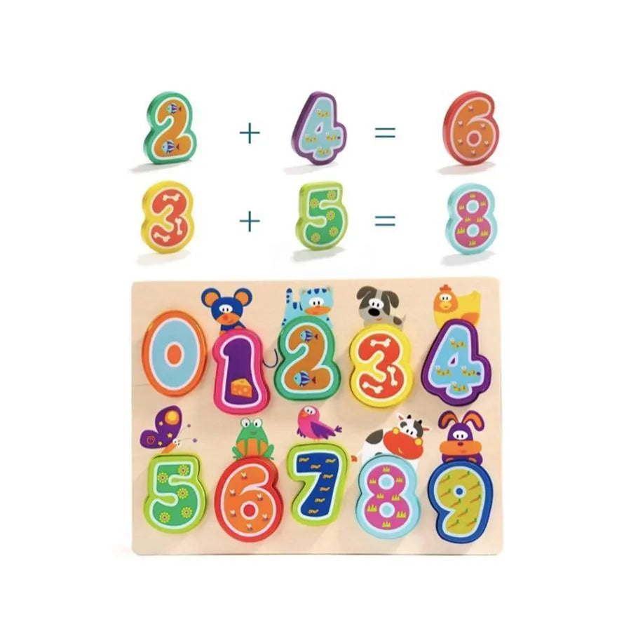 Asztal többszínű állatokkal és számokkal, 11 darab, fa