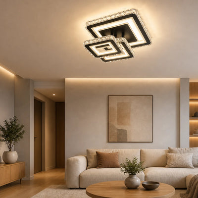 LED csillár távirányítóval és kristály LEILA 88W, 3 négyzet, hideg/meleg/semleges fény, szabályozható, fényes fekete króm