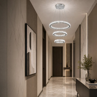 Függesztett LED-csillár távirányítóval és kristály PRISM LUMORA 63W, 3 kör, hideg/meleg/semleges fény, szabályozható, fényes króm, állítható magasság