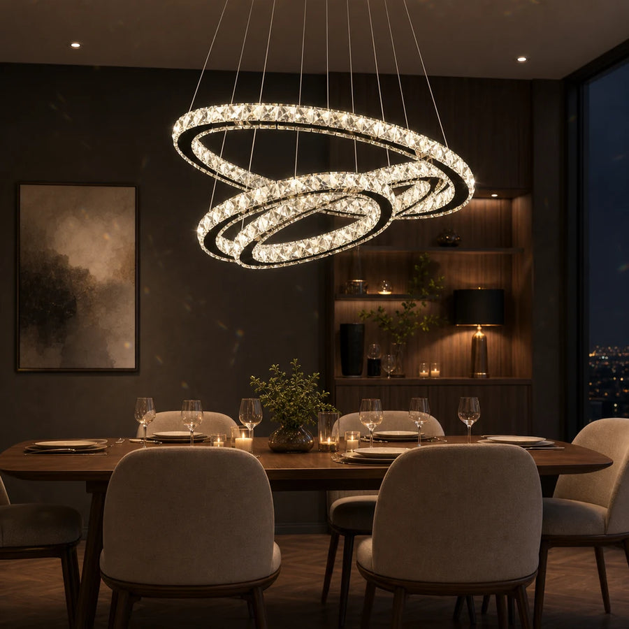 Függesztett LED-es csillár távirányítóval és kristály PRISM LUMINIS 79W, 3 kör, hideg/meleg/semleges fény, szabályozható, króm, állítható magasságú - 09_LT029.png