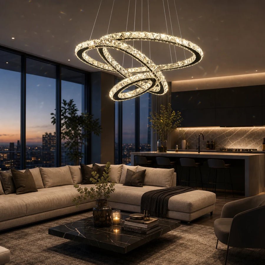 Függesztett LED-es csillár távirányítóval és kristály PRISM LUMINIS 79W, 3 kör, hideg/meleg/semleges fény, szabályozható, króm, állítható magasságú - 12_LT029.png