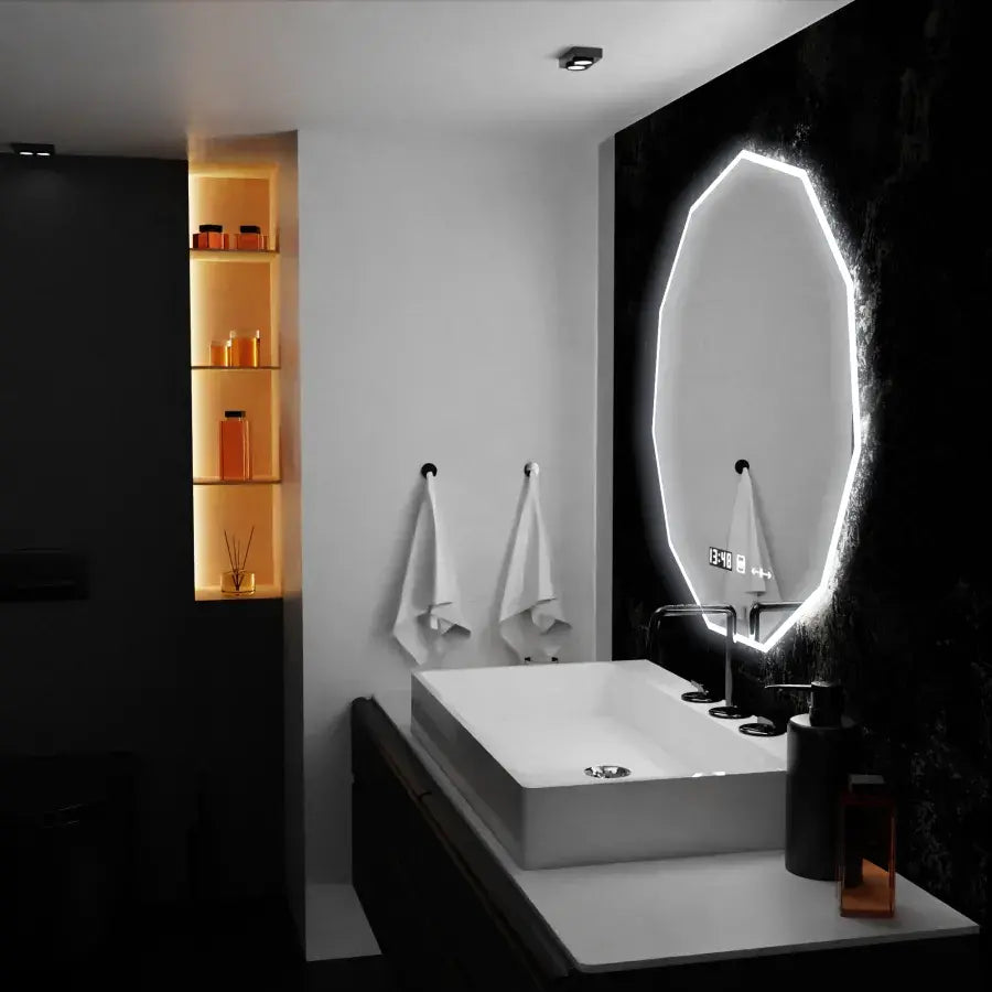 LED Polygon Mirror, 70 cm, Judith Sensor MotionGlow Marcello, Szakírási rendszer, óra és hőmérő, Dimable 084