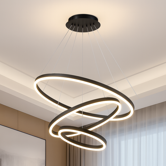 LED -csillár 84W -os CASIAN távirányítóval, 3 kör, hideg/forró/semleges fény, instabil, fekete, állítható magassággal felfüggesztette