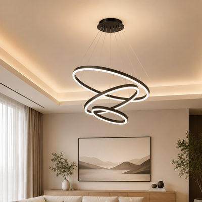 Függesztett LED-es csillár távirányítóval CASIANA 85W, 3 kör, hideg/meleg/semleges fény, szabályozható, fekete, állítható magasságú