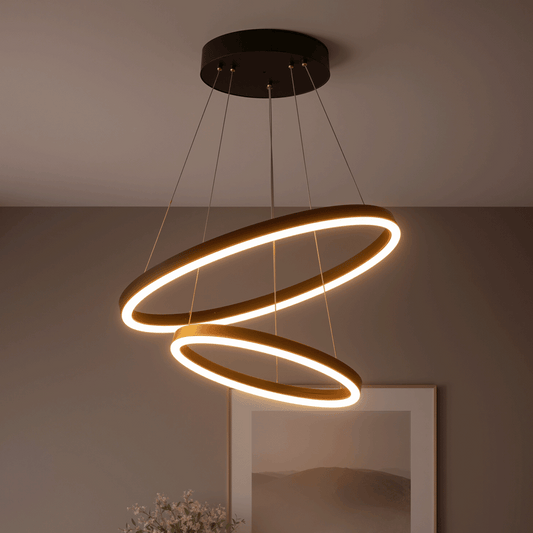 Függesztett LED-csillár távirányítóval CASIANA 40W, 2 kör, hideg/meleg/semleges fény 3000K/4000K/6000K, szabályozható, fekete, állítható magasságú, fém és akril