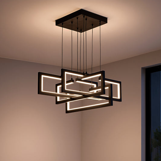 LED csillár távirányítóval, felfüggesztett 96W, 4 elem, hideg/meleg/semleges fény, szabályozható, állítható magasságú, fekete