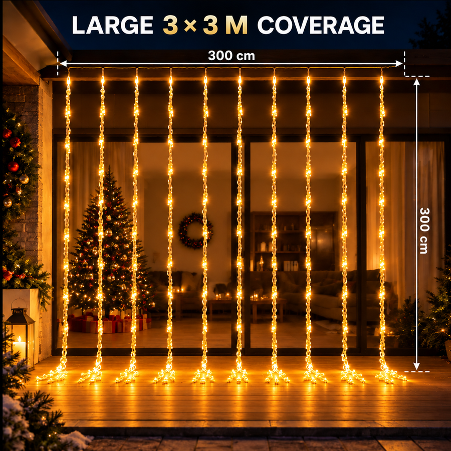 Eső típusú karácsonyi telepítés, meleg fény, 300 x 300 cm, 320 LED
