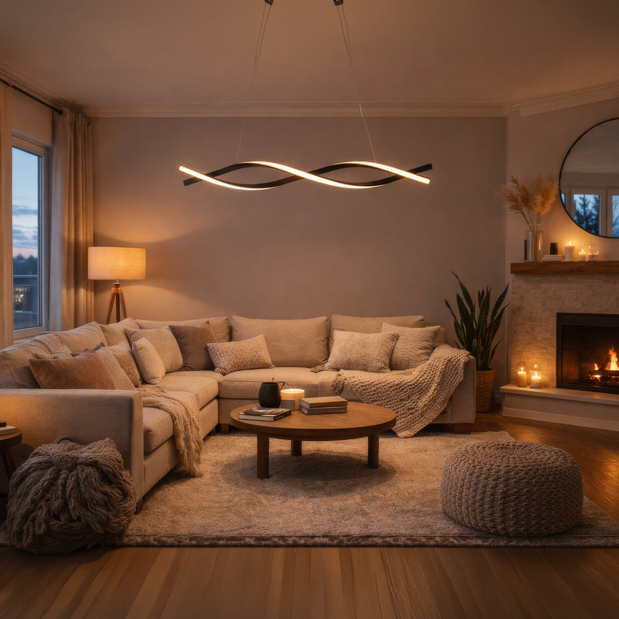 Függesztett LED-csillár távirányítóval, FLUX, 27 W, 116 cm, hideg/meleg/semleges fény 3000K/4000K/6000K, szabályozható, fekete, állítható magasságú, fém és szilikon