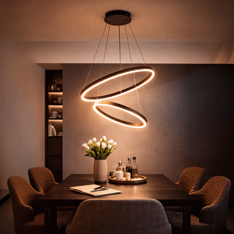 Függesztett LED-csillár távirányítóval CASIANA 40W, 2 kör, hideg/meleg/semleges fény 3000K/4000K/6000K, szabályozható, fekete, állítható magasságú, fém és akril